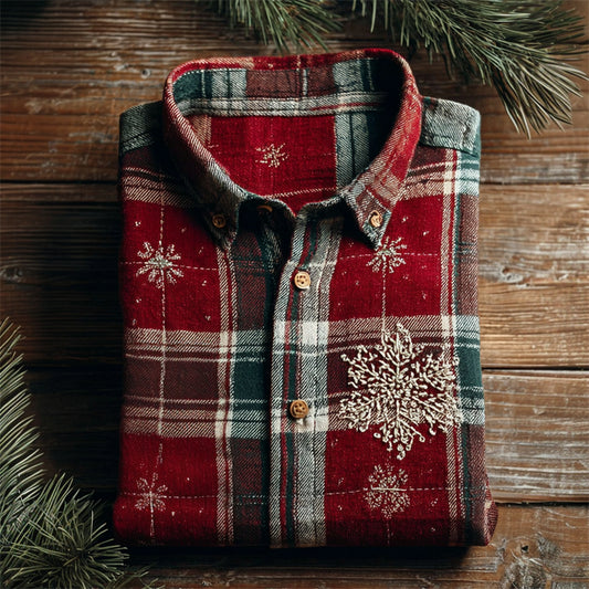 Christmas Snowflakes Embroidered Plaid Linen Shirt artswardrobe