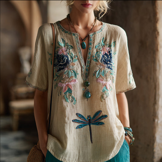 Bohemian Style Light Blue Dragonfly Three-dimensional Embroidery V-neck Short-sleeved Shirt artswardrobe