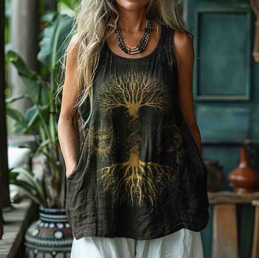 Women's Retro S Tree Of Life Art Sun And Moon Style Linen Sleeveless Tank Top artswardrobe
