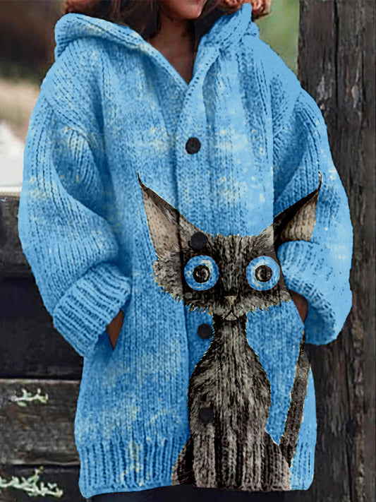 Lovely Black Cat Pattern Cozy Hooded Knit Cardigan elevenforest