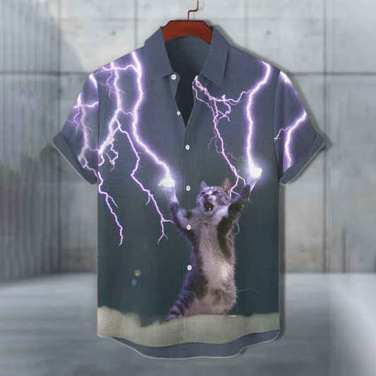 Men's  Cat And Lightning Fun Art Casual Short Sleeve Shirts elevenforest