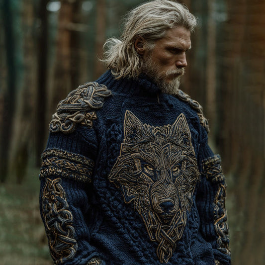 Men's Vintage Viking Wolf Pattern Knit Pullover Sweater elevenforest