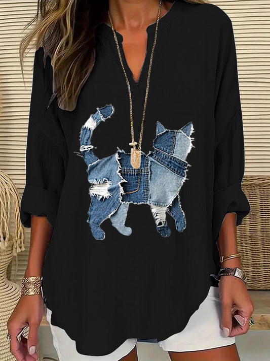Women's Casual Funny Denim Cat Print T-shirt artswardrobe