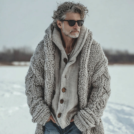 Men's Casual Fairman Island Chunky Knit Hooded Sweater Long Cardigan elevenforest