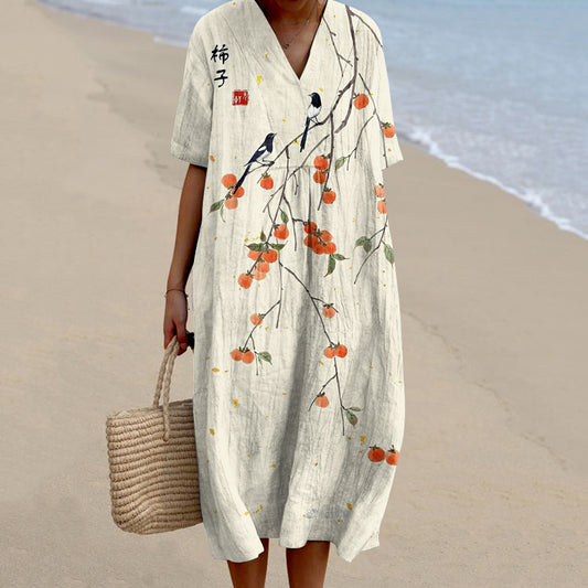 Comstylish Japanese Art Persimmon Printed Crew Neck Casual Midi Dress