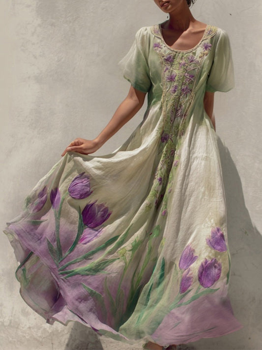 Vintage Purple Tulips Pattern Gradient Linen Maxi Dress artswardrobe