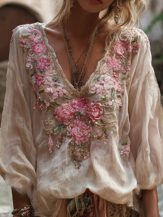 Comstylish Bohemian Style Embroidered Rose Long Sleeved V-neck Retro Top