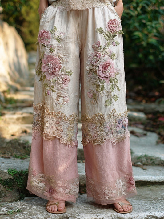 Boho Vintage Floral Lace Patchwork Art Women's Linen Trousers artswardrobe