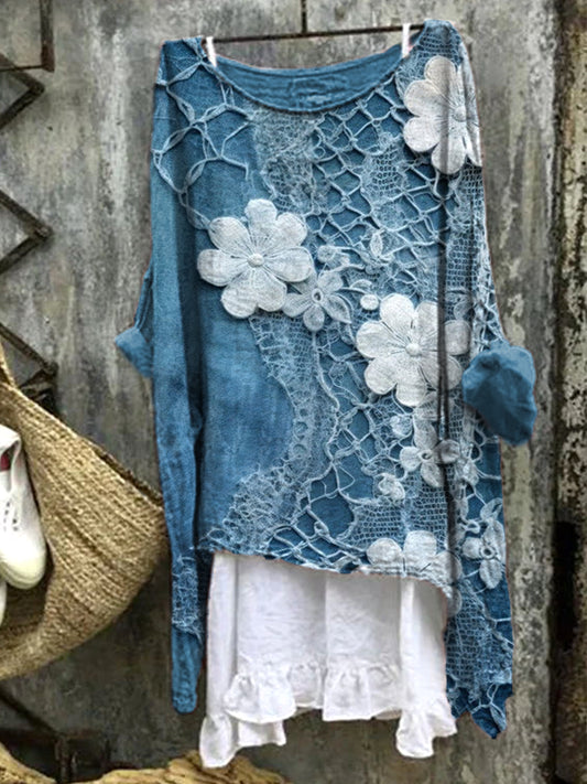 Comstylish Floral Embroidery Art Linen Blend Vintage Shirt