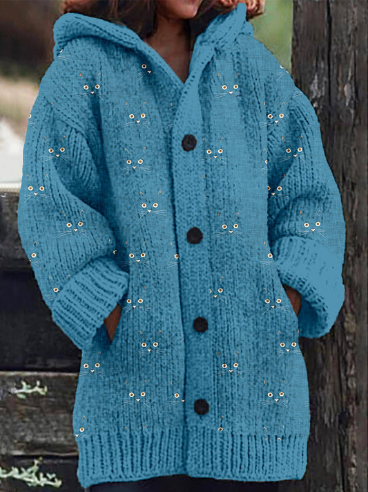 Cute Blue Cat Face Cozy Hooded Cardigan elevenforest
