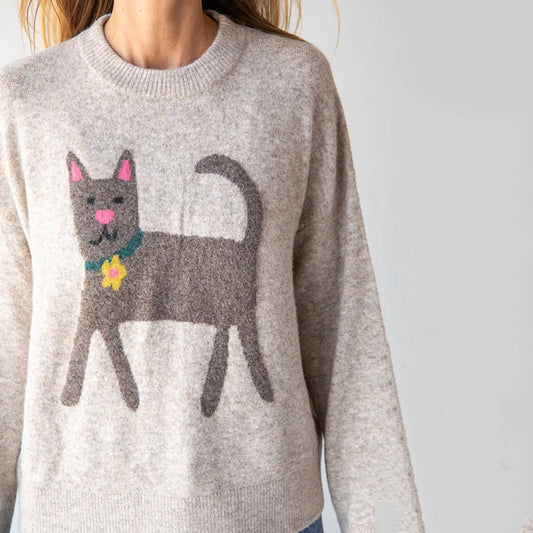 Fun Floral Cat Knitted Embroidered Casual Sweater elevenforest