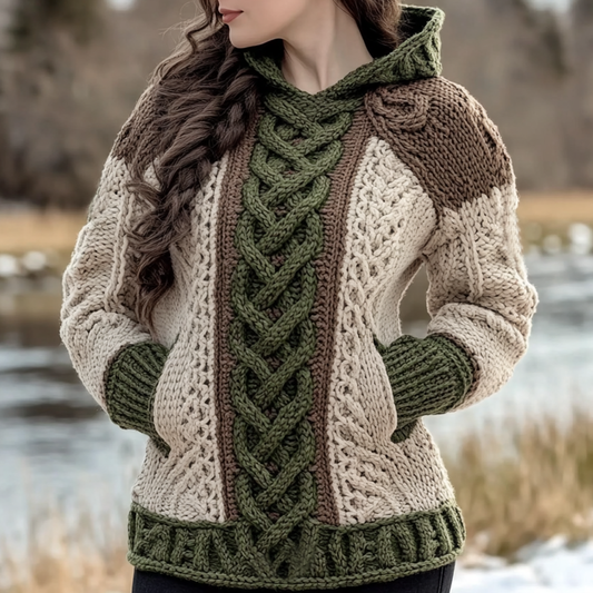 Women's Irish Celtic Knotted Jacquard Pocket Ireland's Hooded Sweater artswardrobe