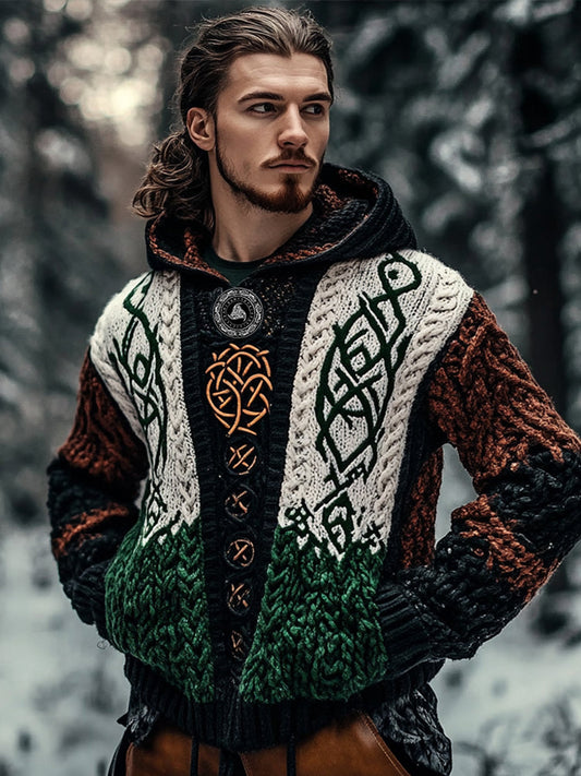 Vintage Viking Rune Patchwork Color Knitted Jacquard Crew Neck Hooded Sweater elevenforest