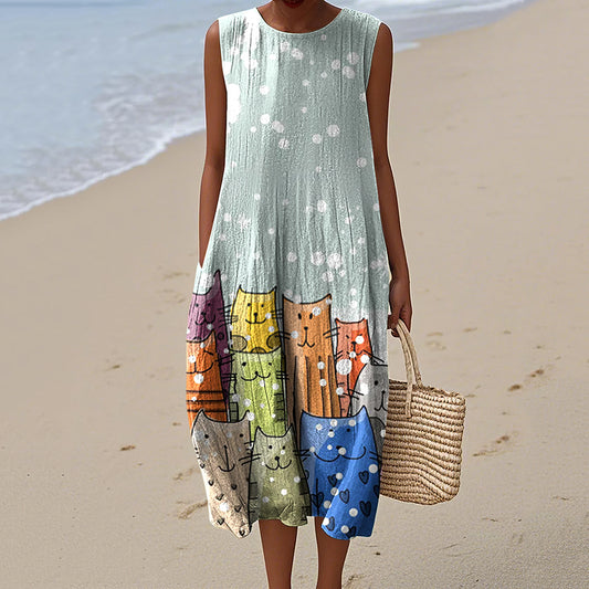 Comstylish Women's Vintage Cute Cats Art Print Sleeveless Dress