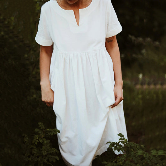 Women's Simple Retro Short Folded Sleeves Dress artswardrobe