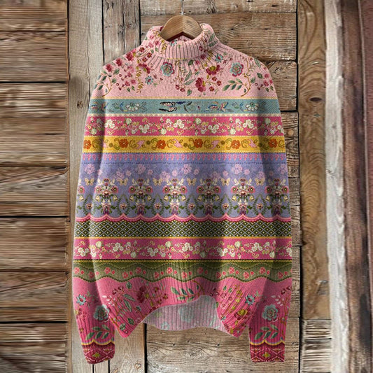 Tribal Lovely Floral Art Print Knit Turtleneck Pullover Sweater artswardrobe