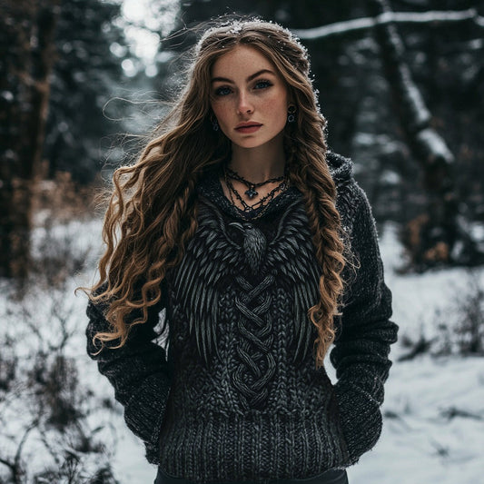 Women's Viking Bird Graphic Chunky Knit Celtic Knot Vintage Pocket Hooded Sweater elevenforest