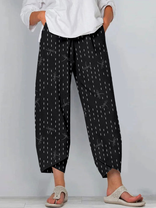 Comstylish Sashiko Dragonfly Japanese Art Cropped Casual Pants