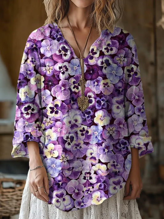 Comstylish Women's Purple Consciousness Floral Design Print V-neck Shirt