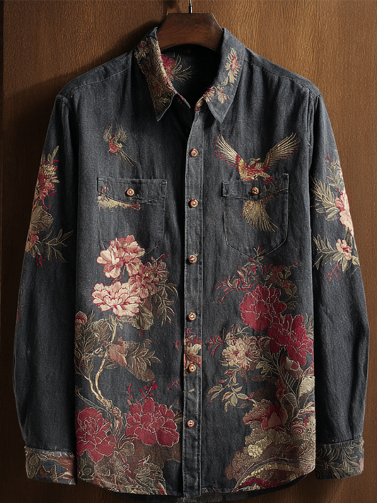 Western Style Flower And Bird Elements Retro Cotton And Linen Short-sleeve Shirt artswardrobe