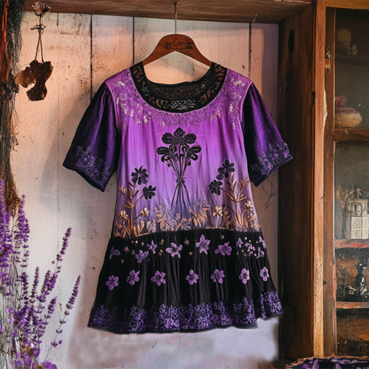 Bohemian Lavender Embroidery Patchwork Art Linen Short Sleeve T-shirt artswardrobe