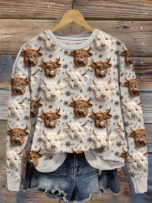 Comstylish Christmas Highland Cow Embroidery Pattern Sweatshirt