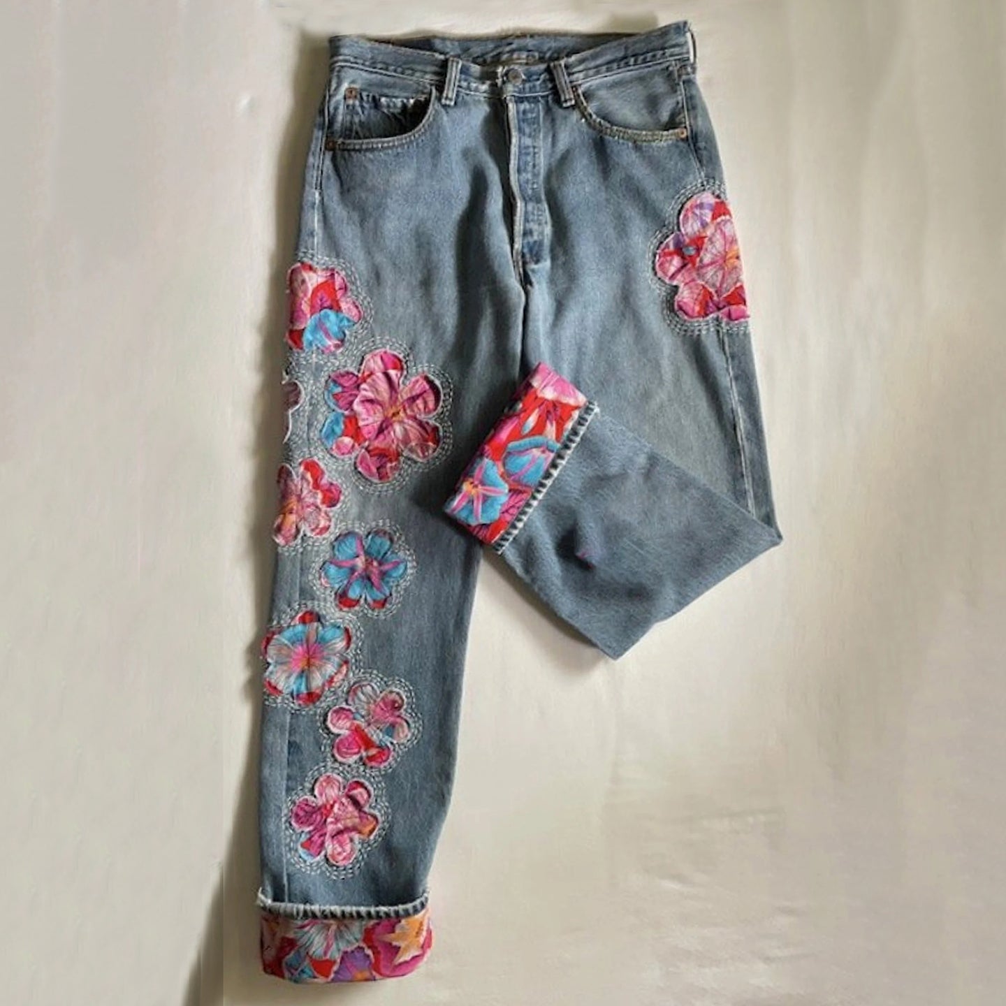 Comstylish Vintage Japanese Sakura Applique Embroidery Art Design Jeans