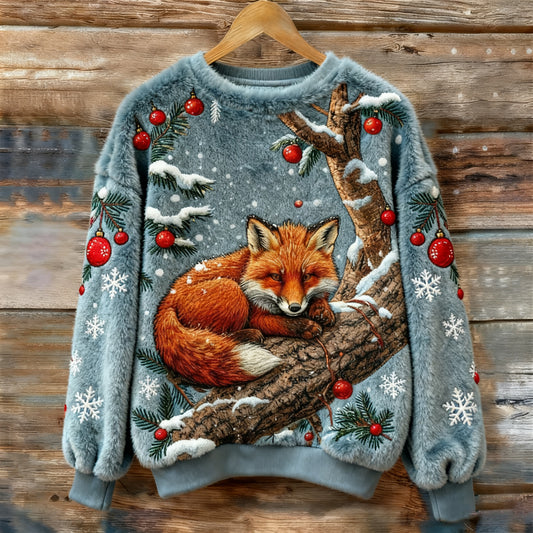 Vintage Christmas Lazy Fox Art Women's Cozy Plush Sweater artswardrobe