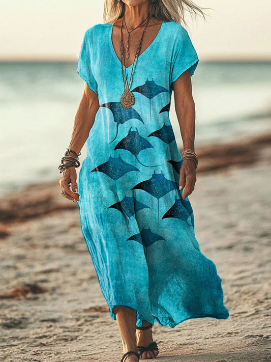 Women's Manta Rays Art Print Linen Blend Dress artswardrobe