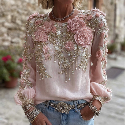 Comstylish Vintage Pink Roses Glitter Embroidered Cozy Linen Tunic