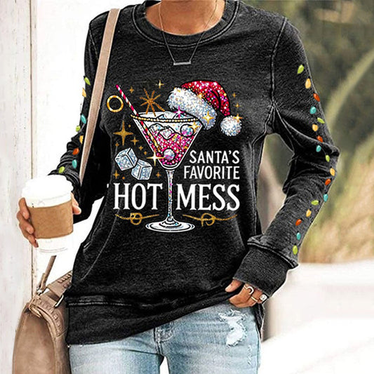 Comstylish Women's Christmas Santa's Favorite Hot Mess Print Crew Neck Sweatshirt