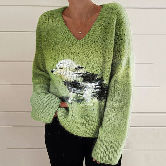 Comstylish Dog Print V-Neck Casual Sweater
