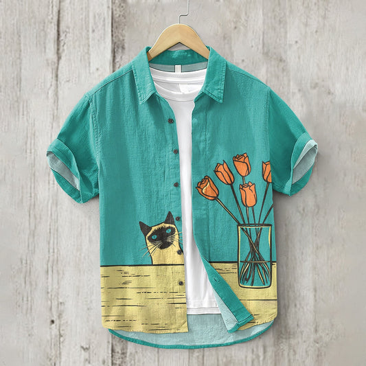 Siamese Cat Flower Print Short Sleeve Shirt elevenforest