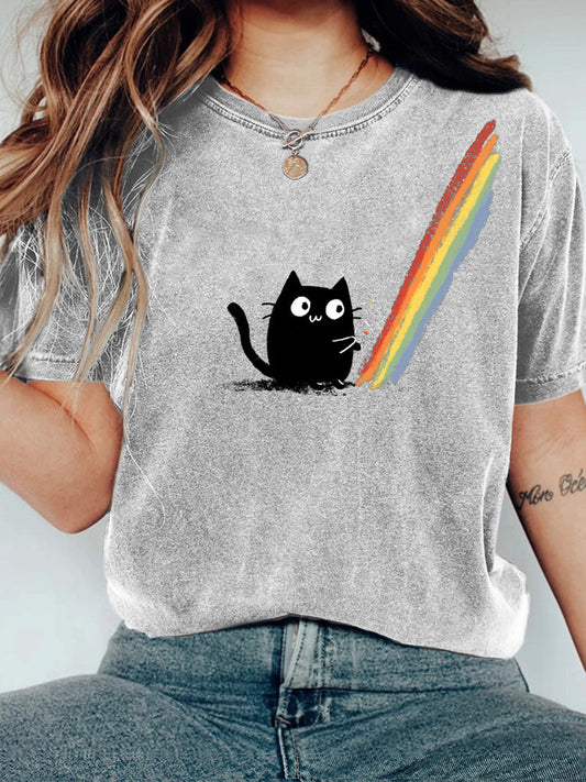 Rainbow-playing Kitten Fun Round-neck Short-sleeved T-shirt elevenforest