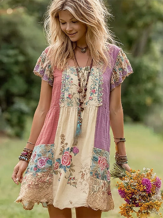Boho Floral Patchwork Art Women's Linen Short Sleeve Mini Dress artswardrobe