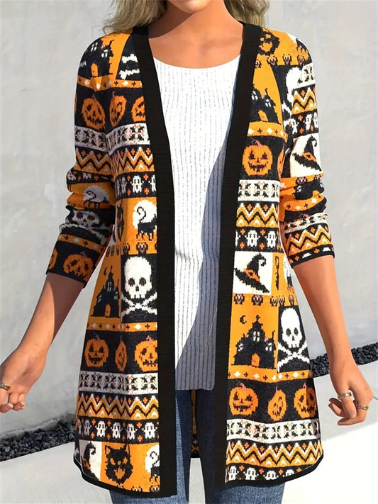 Halloween Element Patchwork Women's Long Sleeve Cardigan artswardrobe