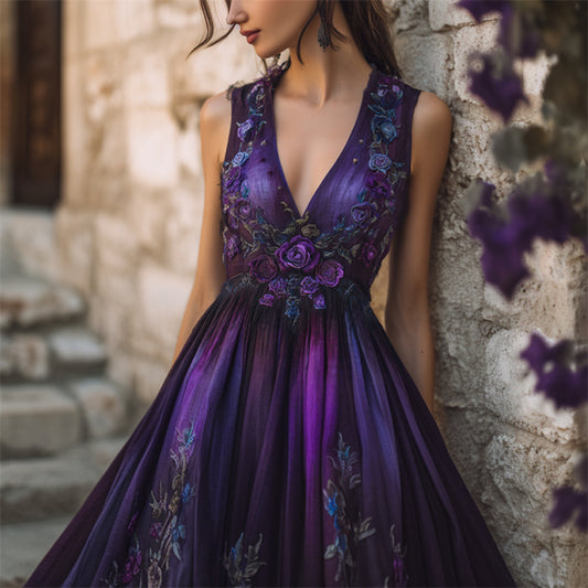 Mystical Purple Roses Vines Embroidered Linen Maxi Dress artswardrobe