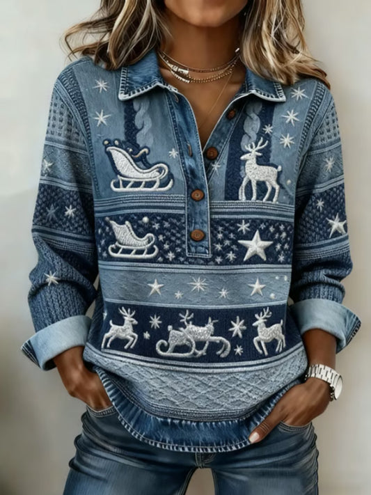 Comstylish Women's Retro Christmas Casual Collared Top