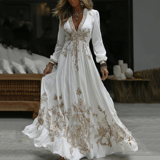Comstylish Women's Vintage Floral Embroidery Art Casual Long Sleeve Maxi Dress