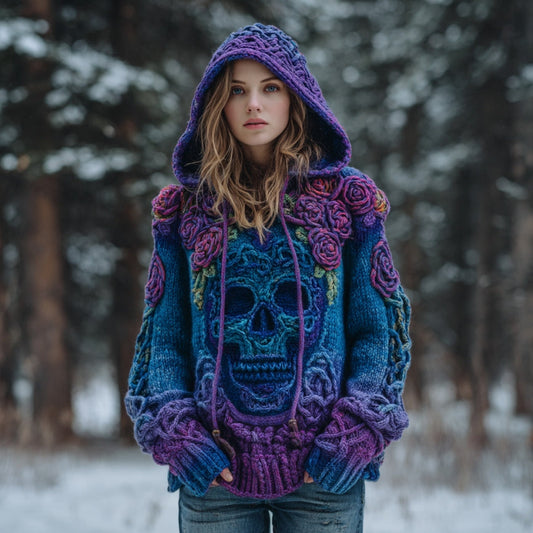 Women's Vintage Skull Floral Gradient Celtic Art Knit Hooded Sweater artswardrobe