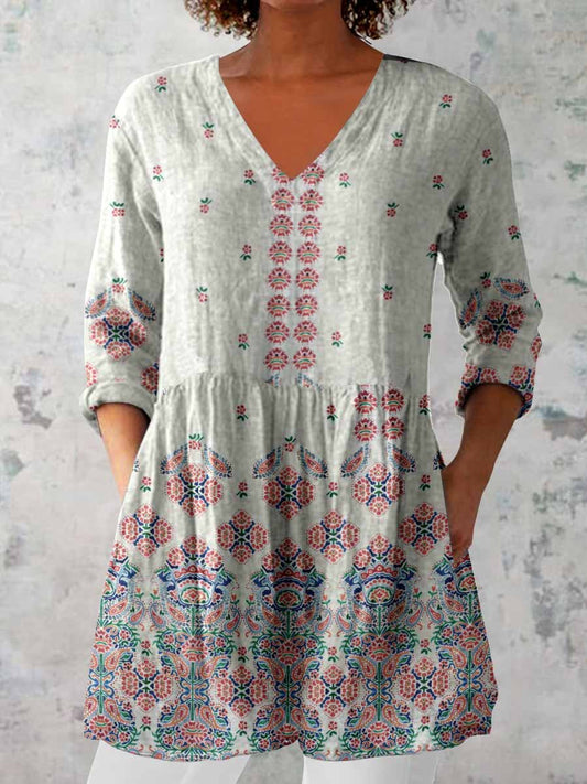 Women's Elegant Geometric Pattern Round Neck Cotton and Linen Top