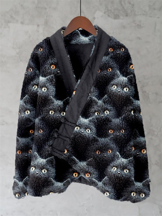Cute Black Cats Felt Art Cozy Fleece Kimono Cardigan elevenforest