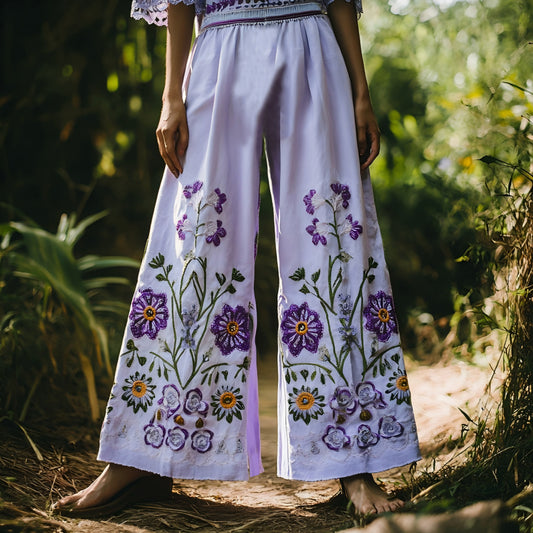 Vintage Purple Floral Embroidered Cotton And Linen Wide-leg Pants artswardrobe
