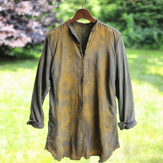Men's Vintage Viking Tree Of Life Distressed Linen Shirt artswardrobe