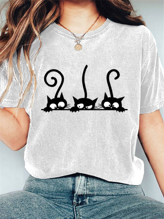 Comstylish Women's Casual Black Cat Print T-shirt