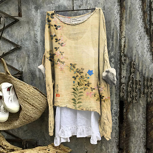 Comstylish Women's Vintage Japanese Botanical Painting Linen T-shirt