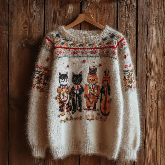 Cat Cat Musician Flannel Polo Neck Sweater elevenforest