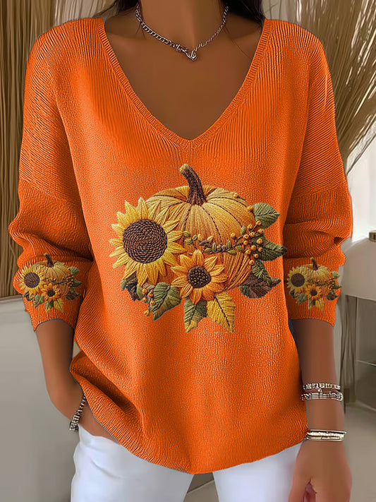 Women's Casual Pumpkin Floral Long Sleeve T-shirt artswardrobe