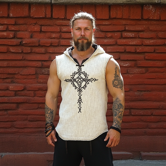 Vintage Men's Viking Rune Linen Hoodie artswardrobe