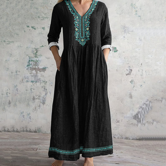 Women's Vintage Ethnic Art Pattern Linen Dress artswardrobe